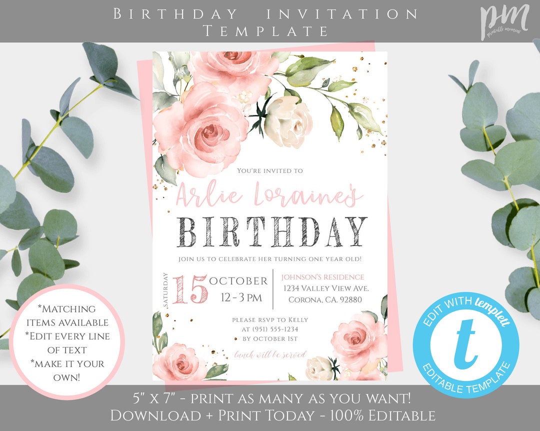 Blush Pink Birthday Invitation Template Pink Gold Birthday Etsy