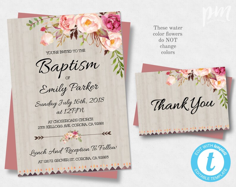 Floral Bohemian Printable Baptism Invitation Template Etsy