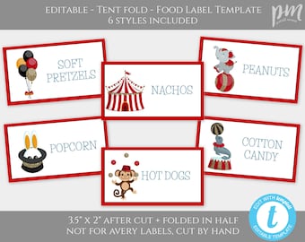 Circus Birthday Party Food Labels Template, Tent Fold Carnival Birthday, Food Tent Cards in Circus Theme , Big Top, Child's Birthday, BPC2