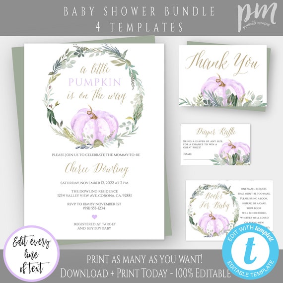 Purple Watercolor Pumpkin Girl Baby Shower Invitation Template Set, Little Pumpkin Baby Shower Printable, Editable Fall Invitations, PPBS
