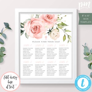 Pink Floral Baptism Seating Chart Template, Editable Pink Floral Seating Sign, Baptism for Girl, Please Find Your Seat, Printable Sign, BAP9