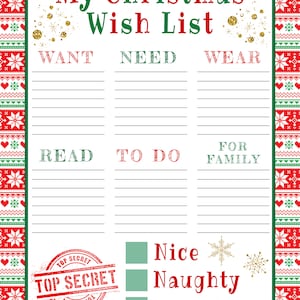 Christmas Wish List Printable Template for Kids Editable Holiday Wish