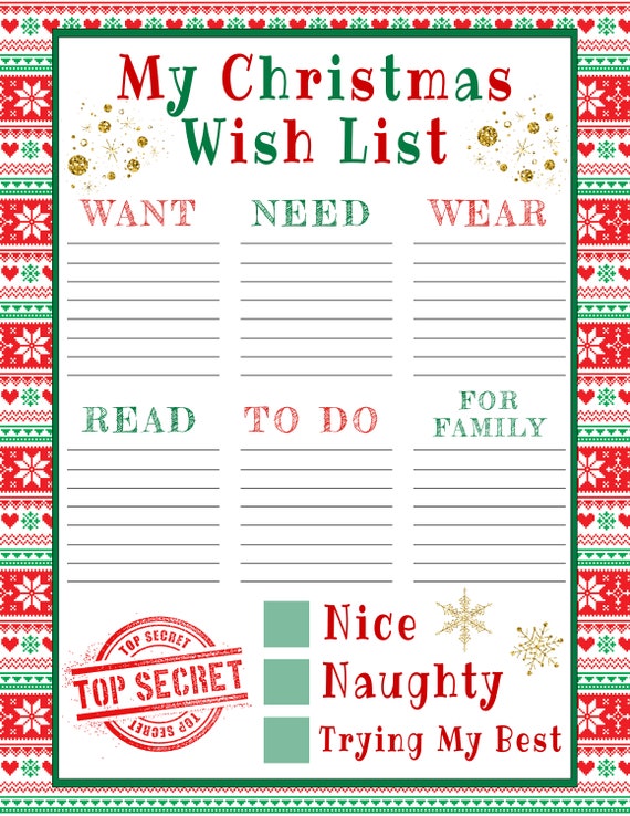 Christmas Wish List Printable Template for Kids, Editable Holiday