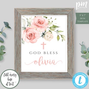 God Bless Sign Template for Girl, Pink Floral Baptism Sign, Baptism Gift Girl, Unique Baptism Sign, Baby Name, Editable Custom Sign, BAP9