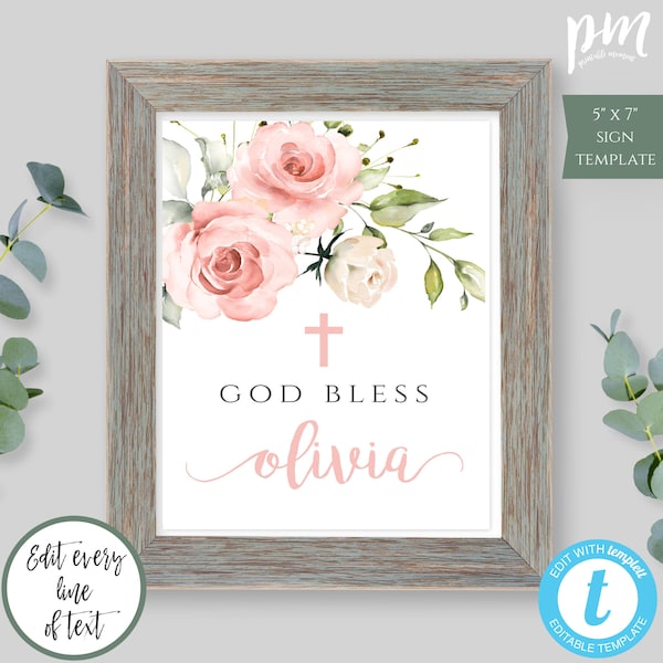 God Bless Sign Template for Girl, Pink Floral Baptism Sign, Baptism Gift Girl, Unique Baptism Sign, Baby Name, Editable Custom Sign, BAP9