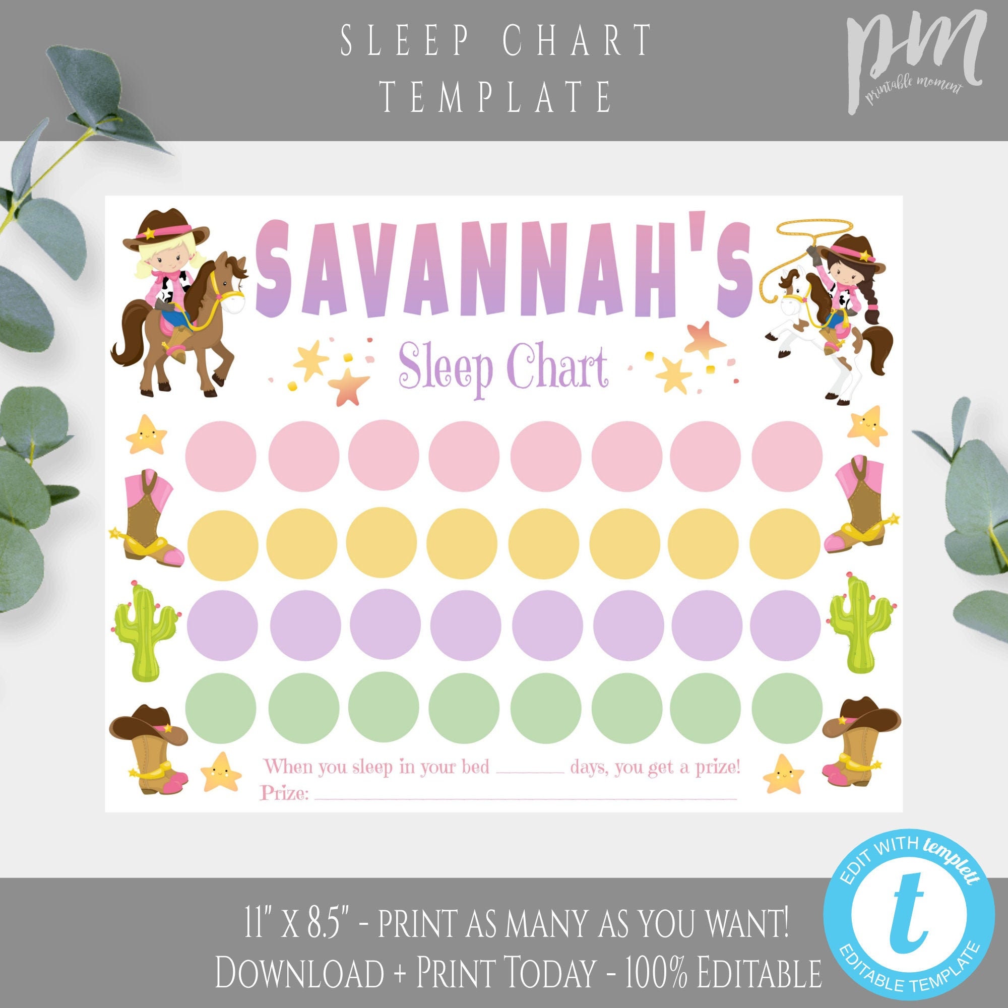 Sleep Chart Toddler Template for Girl Cowgirl Sleep Reward - Etsy