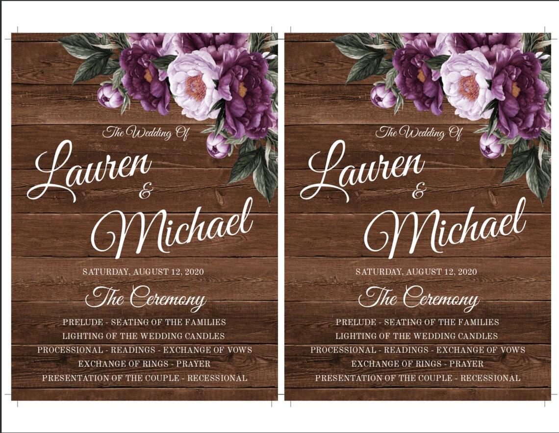 Rustic Wedding Program Template, Printable Purple Floral Program ...