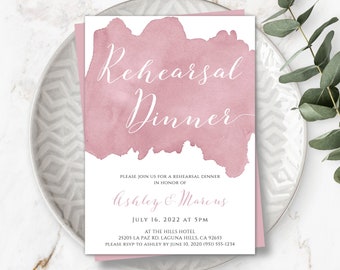 Dusty Rose Watercolor Rehearsal Dinner Invitation Template, DIY Editable Pink Wedding Invite, Printable Invitation, Instant Download