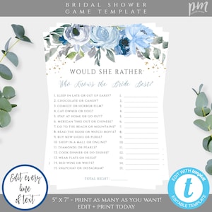 Blue Floral Would She Rather Game Template for Bridal Shower, Who Knows The Bride Best, Editable Game, Bridal Shower Activity, BFWS
