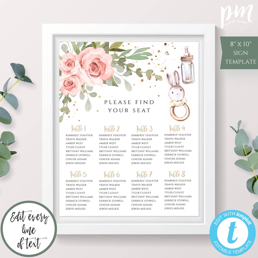Seating Chart Template for Baby Shower, Seating Plan, Find Your Seat