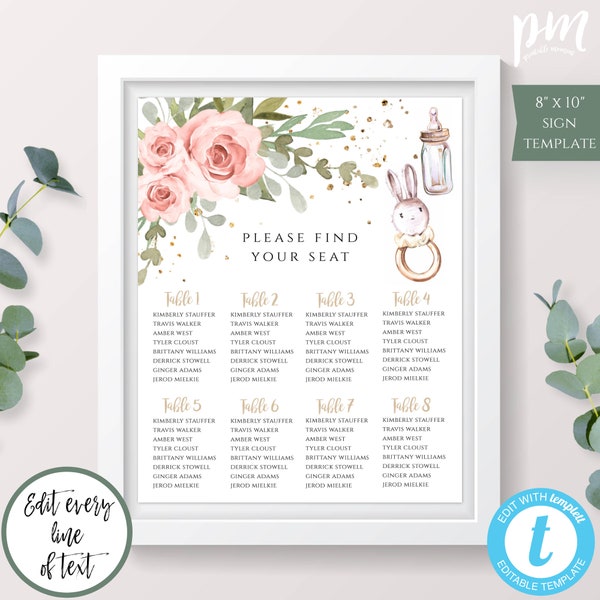 Seating Chart Template For Baby Shower, Seating Plan, Find Your Seat Pink Floral Shower Decor for Girl Baby Shower, Editable, Printable BSBG