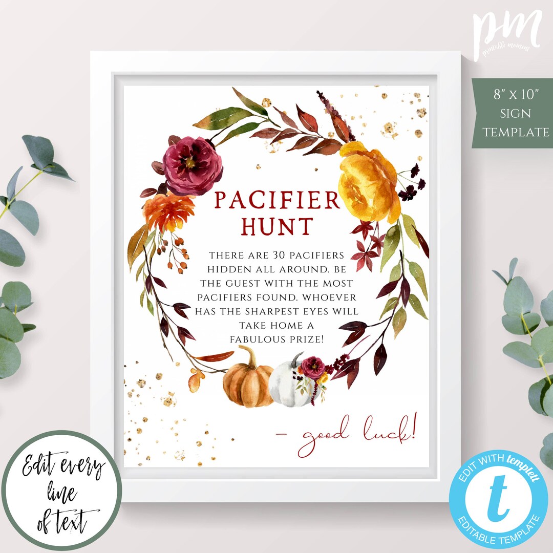 Fall Baby Shower Pacifier Hunt Game Sign Template, Editable Pumpkin ...