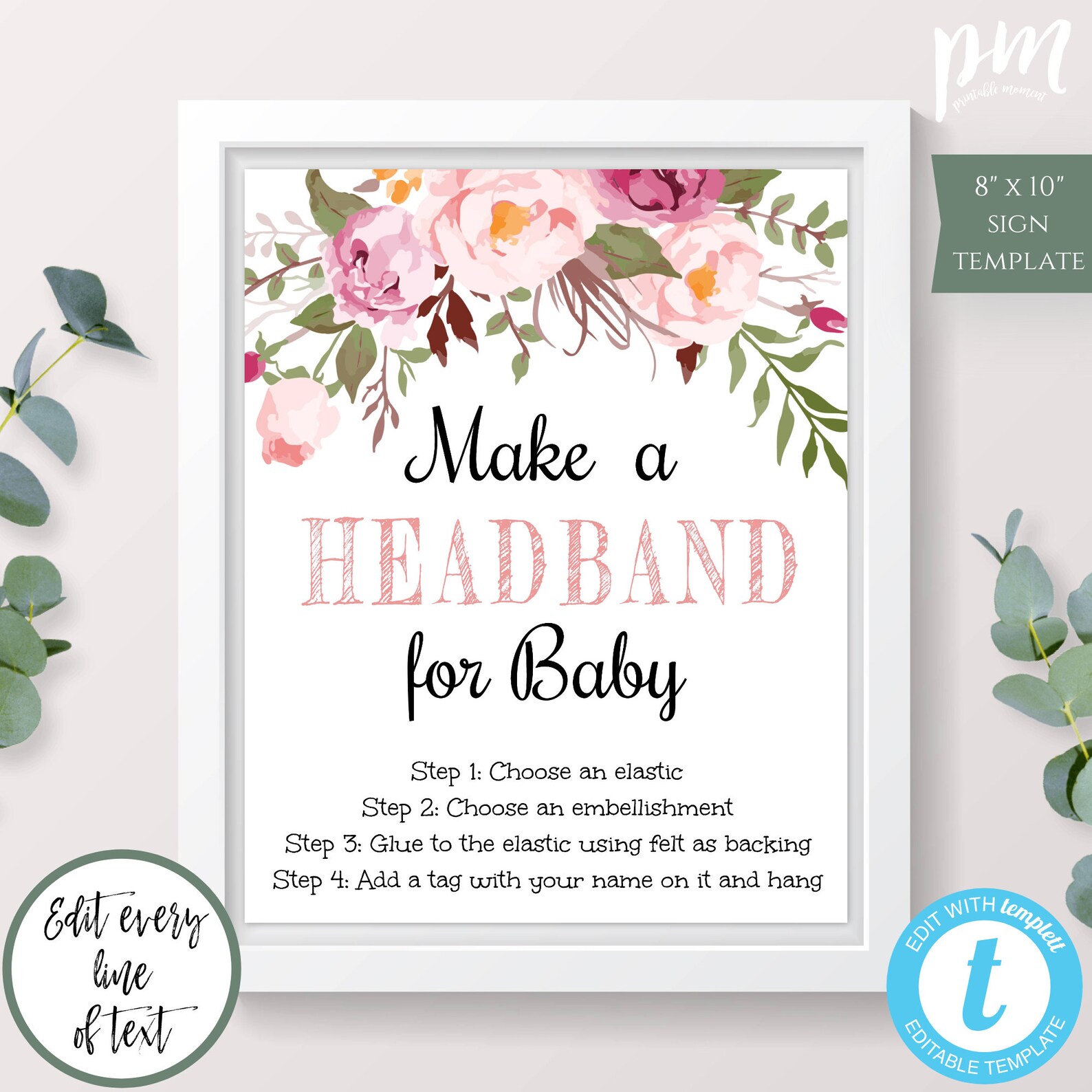 Floral Headband Station Sign Template Editable Bohemian Baby | Etsy