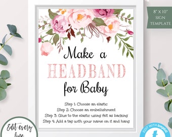 Floral Headband Station Sign Template, Editable Bohemian Baby Shower Printable Headband for Baby Sign Floral Boho Headband Making Game, BSBH