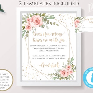 Guess How Many Kisses Sign + Cards Templates, Blush Floral, Gold Geometric Baby Shower Decor, Editable Template, Instant Download, BSBG