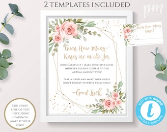 Guess How Many Kisses Sign + Cards Templates, Blush Floral, Gold Geometric Baby Shower Decor, Editable Template, Instant Download, BSBG