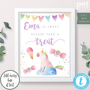 Unicorn Treat Sign Printable Template for Girl&#39;s Birthday, Dessert Table for Unicorn Party, Magical Birthday, Rainbow Gold Glitter Sign, BPU