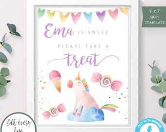 Unicorn Treat Sign Printable Template for Girl's Birthday, Dessert Table for Unicorn Party, Magical Birthday, Rainbow Gold Glitter Sign, BPU