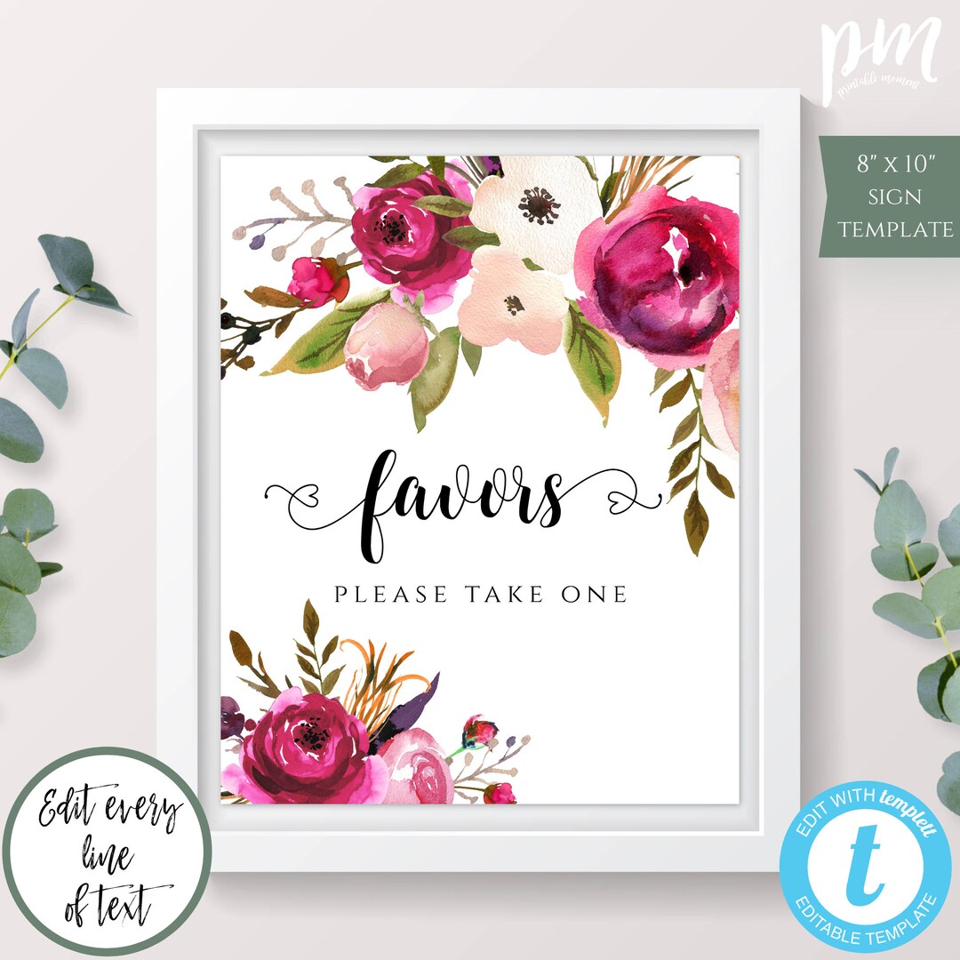 Pink Floral Watercolor Favors Sign Template, Please Take One, Printable ...