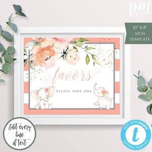 Peach Floral Elephant Baby Shower Favors Sign Template for Girl, Baby Shower Favors, Baby Shower Sign, Elephant Shower Favors Sign, PEBS