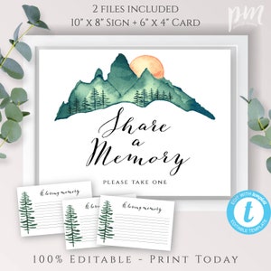 Thème extérieur partager un signe de mémoire + modèle de souvenir de carte funéraire aventure aimer carte mémoire imprimable modifier + imprimer bricolage carte commémorative MAF