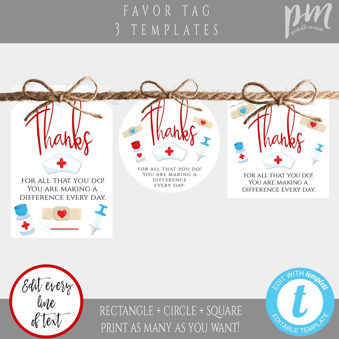 Nurse Gift Tag Editable Template, Frontline Worker Well Wishes, Thinking of You Medical Hospital