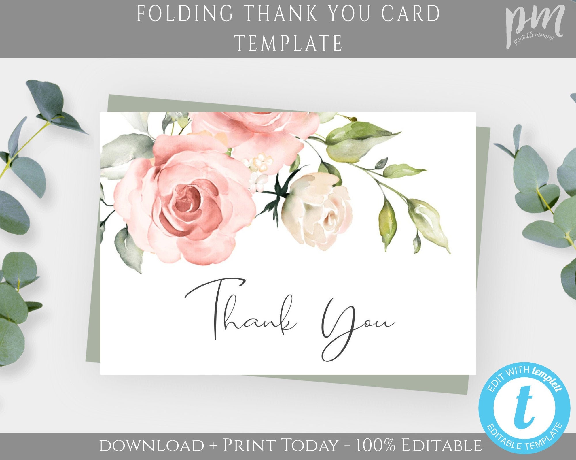 Pink Floral Folding Thank You Card Template for Girl Birthday Party ...