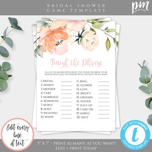 Peach Bridal Shower Game Template Finish the Phrase, Wedding Shower Game What Would She Say, Edit + Print Today, Instant Download, WSB2