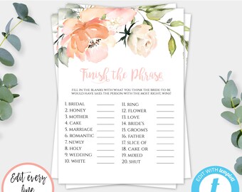 Peach Bridal Shower Game Template Finish the Phrase, Wedding Shower Game What Would She Say, Edit + Print Today, Instant Download, WSB2
