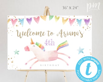 Unicorn Birthday Welcome Sign Template 36 x 24, Landscape Welcome Poster, Edit + Print Yourself, Instant Download, BPU