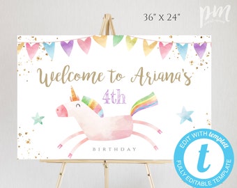 May include: A white welcome sign with a unicorn illustration, rainbow mane, and gold glitter. The sign reads "Welcome to Ariana's 4th Birthday".