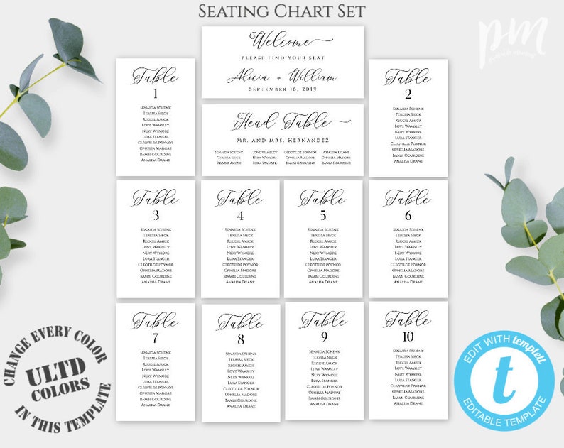 Black Table Numbers Wedding Seating Cards White Chart Table Cards Wedding Printable Wedding Seating Chart Template DIY Seating Plan