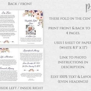 May include: Printable funeral program template with floral design and text that reads "I'm Free", "A Mother's Love", "Remembered Always", "Life's Adventure", and "Treasured Memory". The template is designed to be printed on a single sheet of 8.5 x 11 inch paper and folded in half to create a four-page booklet.