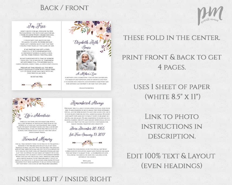 May include: Printable funeral program template with floral design and text that reads "I'm Free", "A Mother's Love", "Remembered Always", "Life's Adventure", and "Treasured Memory". The template is designed to be printed on a single sheet of 8.5 x 11 inch paper and folded in half to create a four-page booklet.