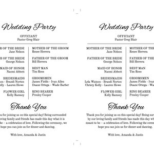 May include: Wedding party information card with black text on a white background. The card lists the officiant, mother of the bride, father of the bride, maid of honour, bridesmaids, flower girl, mother of the groom, father of the groom, best man, groomsmen, and ring bearer. The card also includes the text "Thank You" and a message thanking guests for joining the couple on their special day.