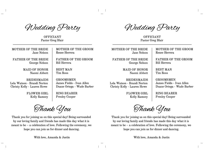 May include: Wedding party information card with black text on a white background. The card lists the officiant, mother of the bride, father of the bride, maid of honour, bridesmaids, flower girl, mother of the groom, father of the groom, best man, groomsmen, and ring bearer. The card also includes the text "Thank You" and a message thanking guests for joining the couple on their special day.