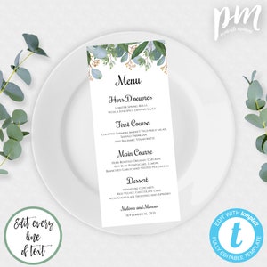 Grünes Menü Vorlage, druckbares Hochzeitsmenü, botanisches Hochzeitsmenü, Hochzeitsmenü, sofortiger Download, bearbeitbares Menü, druckbares Menü