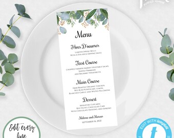Greenery Menu Template, Printable Wedding Menu, Botanical Wedding Menu, Wedding Dinner Menu, Instant Download, Editable Menu, Printable Menu