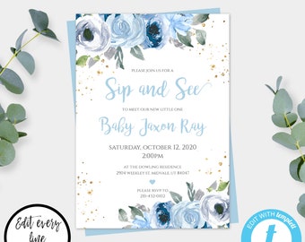 Blue Floral Sip and See Invitation Template for Boy, Meet and Greet Invite, Meet the Baby Invite, Sip and See Boy Invite, Sip and See Party