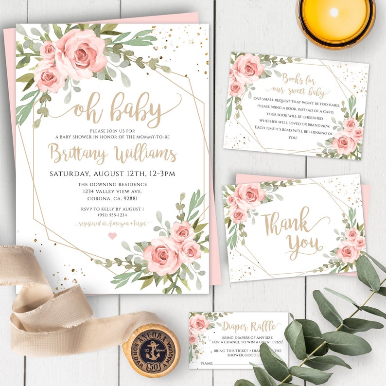 Floral Baby Shower Invitation Girl Template, Baby Girl Shower Invite, EDITABLE Printable Template, Pink Floral Watercolor Flowers BSBG 