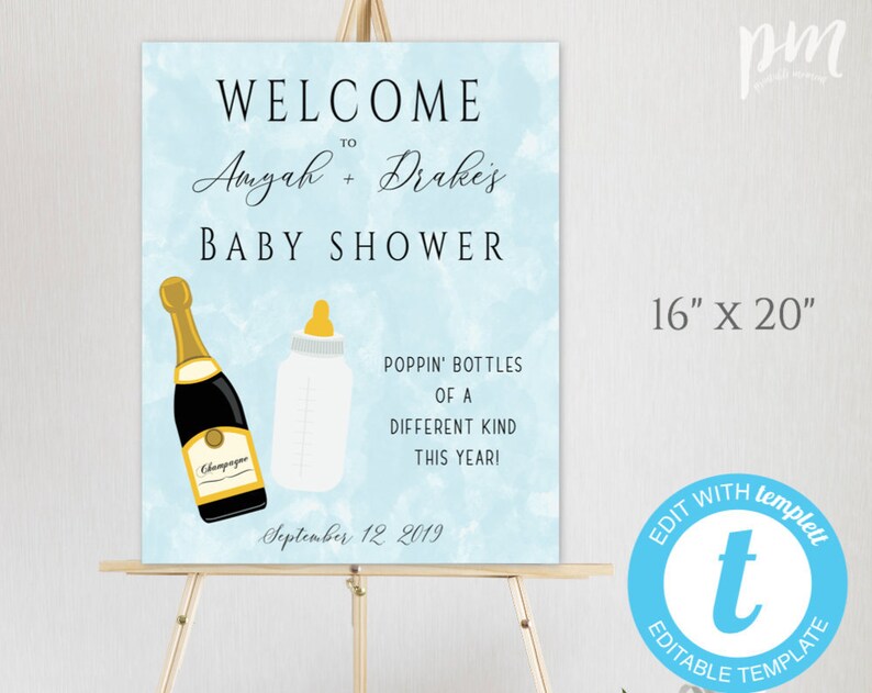 Puede incluir: Un cartel de bienvenida para una baby shower azul y blanco con el texto "Bienvenido a Amgah + Drake's Baby Shower" y la fecha "September 12 2019". El cartel tambi&eacute;n presenta una botella de champ&aacute;n y un biber&oacute;n.