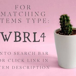 May include: A pink background with white text that reads "FOR MATCHING ITEMS TYPE: WBRL4 INTO SEARCH BAR OR CLICK LINK IN ITEM DESCRIPTION". A small potted cactus is on the right side of the image.