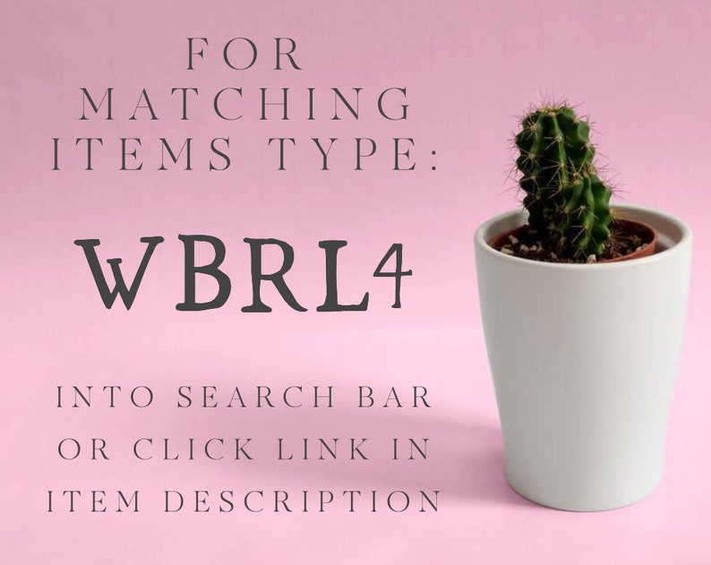 May include: A pink background with white text that reads "FOR MATCHING ITEMS TYPE: WBRL4 INTO SEARCH BAR OR CLICK LINK IN ITEM DESCRIPTION". A small potted cactus is on the right side of the image.