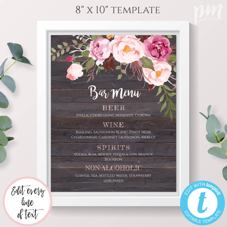 Rustic Menu Sign Rustic Floral Bar Menu Sign Template, Pink Floral Drinks Sign ...