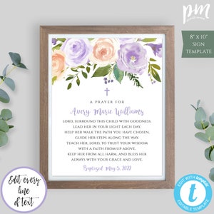Personalized Prayer Sign for Girl, Editable Purple Floral Sign, Baptism Gift Girl, Unique Baptism Sign, Baby Name Sign, Custom Sign