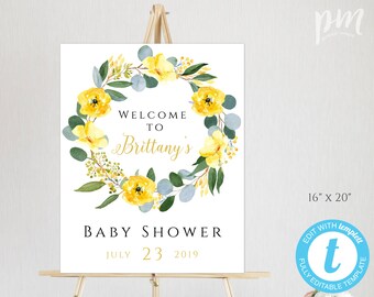 Yellow Baby Shower Welcome Sign Template, Welcome Baby Shower Sign, Welcome Poster, Instant Download, Editable Shower Welcome Sign, BSYW