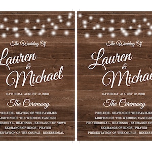 May include: A rustic wedding ceremony programme with a woodgrain background and white fairy lights. The programme lists the wedding of Lauren and Michael on Saturday, 12 August 2020. The ceremony details include the prelude, seating of the families, lighting of the wedding candles, processional, readings, exchange of vows, exchange of rings, prayer, and presentation of the couple.
