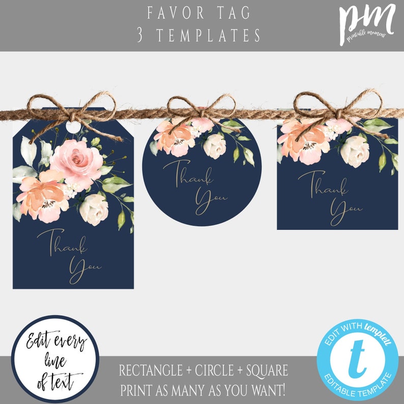 Navy Gold With Peach Watercolor Flowers Favor Tag Template - Etsy