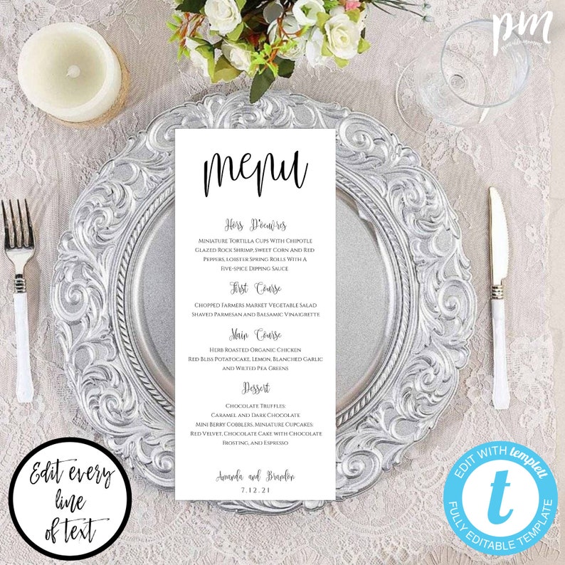 Menu Template for Wedding, Script Dinner Menu Printable, Instant Download, Editable Menu Sign Template, Printed Menu, DIY Menu, WBWC image 1