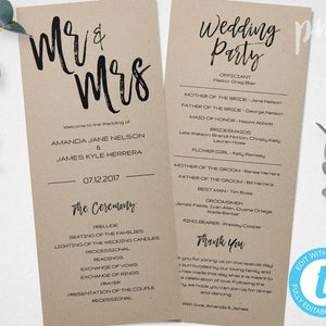Mr & Mrs Wedding Program Template, 1/2 page Printable Program, Instant Download, Ceremony Program, DIY Wedding Program, Editable Program